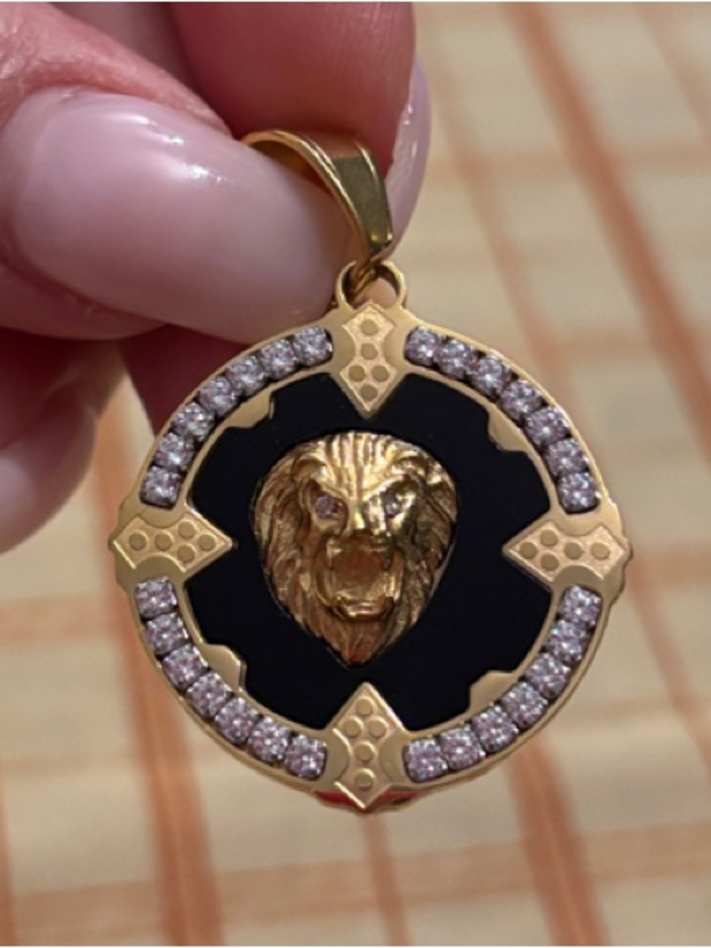 Gold Lion Medallion Pendant with Black Enamel and Crystal Halo